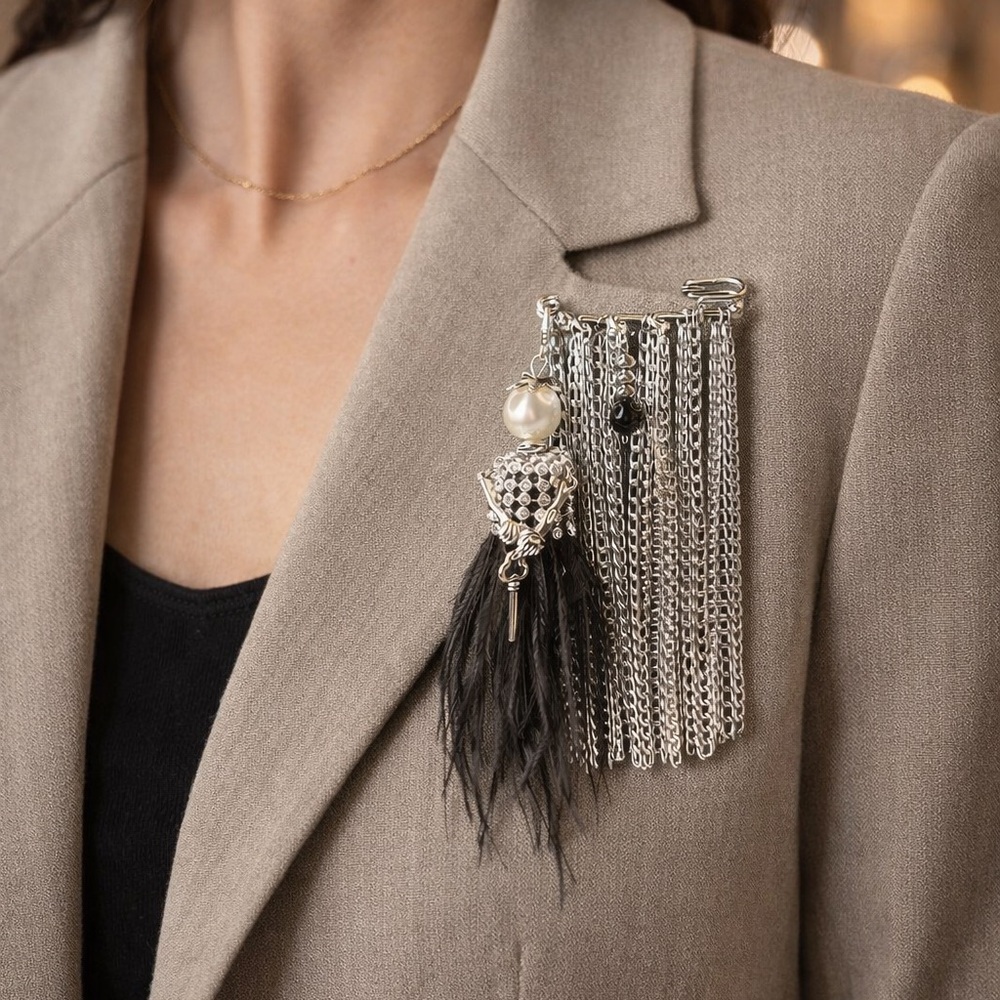 Black and Silver Pearl Tassel Brooch - Women Jewelry